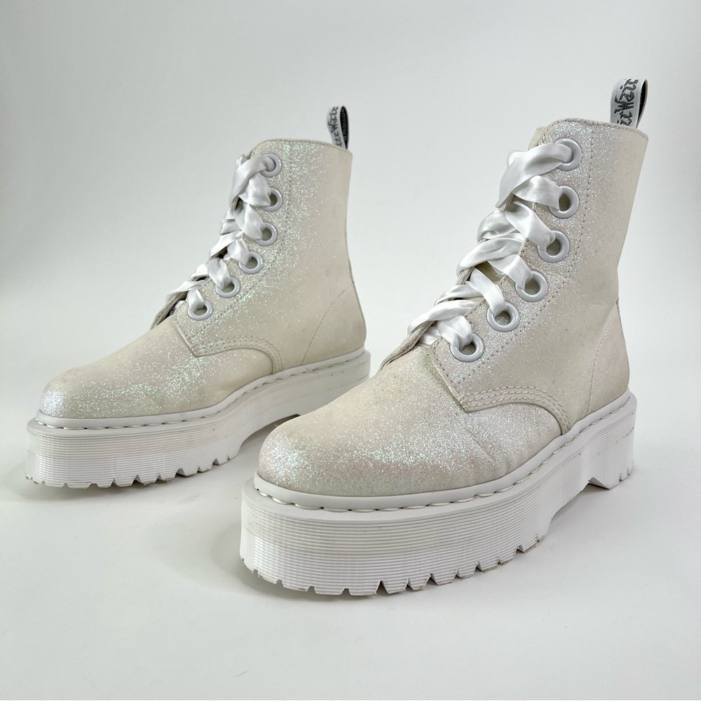 DR. MARTENS | Molly Fine Glitter White Iridescent Chunky Platform Boot Size 10